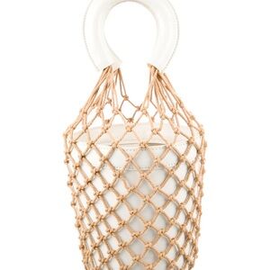 Womens White Leather Bucket Tote with Tan Macram e9 Net